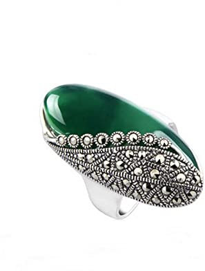 Jade Angel Vintage Sterling Silber Oval 15 x 32 mm Created Grün Achat Markasit Ring