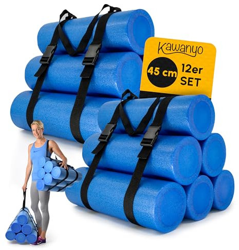 KAWANYO – Pilates Rolle 45cm 12er Pack & 2x Tragegurte für Stabilitäts- & Balanceübungen – Yoga Rollen Set aus Hartschaum für Pilatestraining, Fitness, Gymnastik, Yoga, Reha & Therapie (Blau)