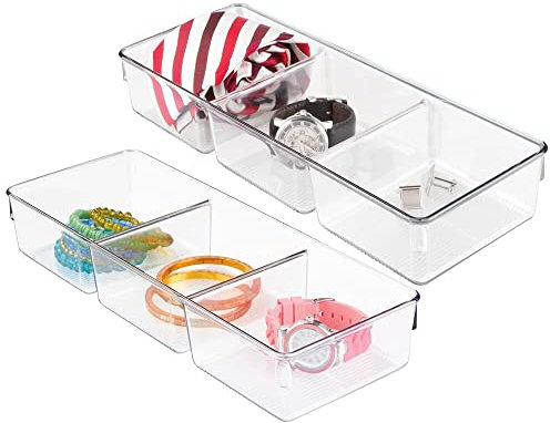 mDesign Schubladen und Schrank Organizer – praktische Aufbewahrungsbox mit 3 Fächern – ideale Aufbewahrung für Schmuck, Krawatten, Gürtel, Socken – robuste Schubladenbox aus Kunststoff – durchsichtig