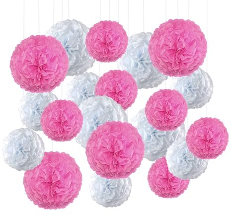 EinsSein Pom Poms 20 Stück Hochzeitsdeko Weiss rosa | Pompons Hochzeit | Deko Taufe, Party, Feier, Kindergeburtstag, Gartenparty, Wedding | Dekoration Zimmer Mädchen Junge