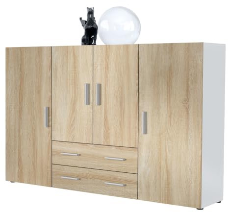Vladon Highboard Nora Anrichte mit 2 Schubladen und 4 Türen mit insgesamt 8 Fächer dahinter, Weiß matt/Eiche sägerau (166,5 x 106,5 x 35 cm)