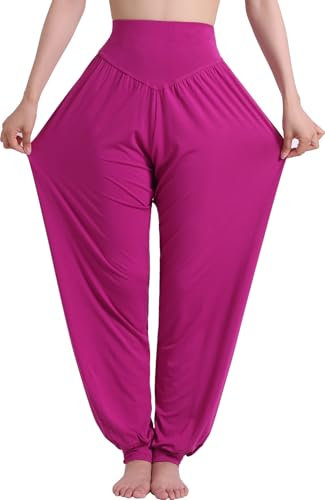 Hoerev Super Doux Pantalones de Spandex Modale Harem Yoga Pilates,Fucsia,L