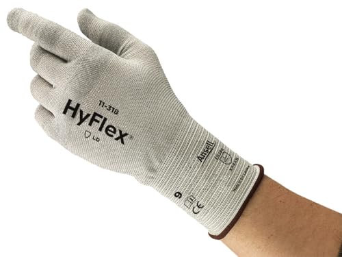 Hyflex Ansell 11-318 Arbeitshandschuhe, Mechaniker-Handschuh, Silikonfrei, Antistatisch und Flusenarm, Geeignet von Touchscreens, Industrie PSA, Grau, Größe M (12 Paar)