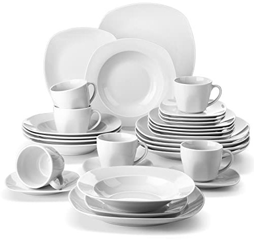MALACASA Vajillas Completas Modernas Porcelana, 30 Piezas para 6 Personas con 6 Platos llanos, 6 Platos de Postre, 6 Platos hondos, 6 Taza de Café y 6 Platillo, Blanco, Serie ELISA