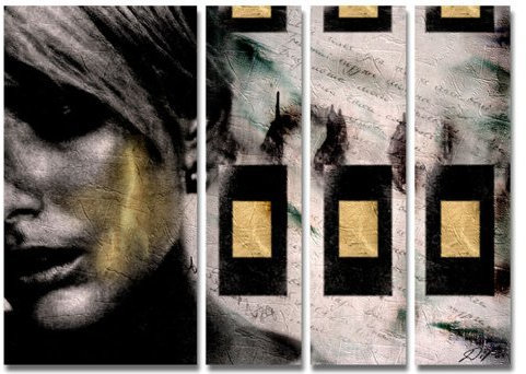 Wunderschöne Abstraktion! 4 teiliges Leinwandbild xxl billig & modern (Golden Mind_big_1x60x110cm, 3x30x110cm) Bilder fertig gerahmt mit Keilrahmen riesig im Bilder Shop. Ausführung Kunstdruck neu als Wandbild mit Rahmen aus Holz. Wohnideen zum einrichten preiswerter als Ölbild Gemälde Foto Poster Plakat mit Bilderrahmen. Deko für Wohnzimmer und Schlafzimmer - Picture Style (abstrakt Frau Gesicht schön Konturen Formen Schrift Brief digitale Kunst grau gold schwarz) . 100% Made in Germany - Qualität aus Deutschland. Weitere Foto Bilder im Bild Online Shop.