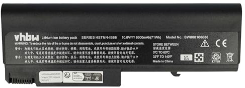 vhbw Batterie Compatible avec HP Compaq 6500b, 6530b, 6535b, 6700b, 6730b, 6735b Ordinateur Portable (6600mAh, 10,8V, Li-ION)