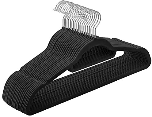 SONGMICS Velvet Hangers, Set of 20 Clothes Coat Hangers, Non-Slip, with Tie Bar and 360° Swivel Hook, Space-Saving, 0.6 cm Thick, 43.5 cm Long, for Dresses Trousers, Black CRF20B