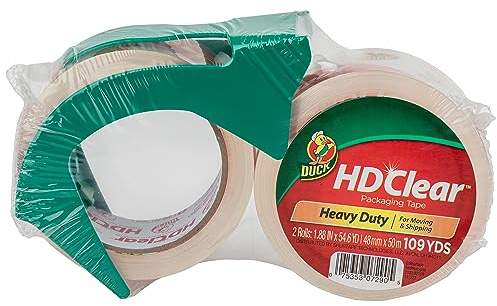 Duck HD Clear Packing Tape with Dispenser - 2 Rolls of Heavy Duty Shipping and Moving Packing Tape - Clear Strong Packaging Tape for Boxes, Packing and Moving Supplies - 1.88 In. x 54.6 Yards (393184)
