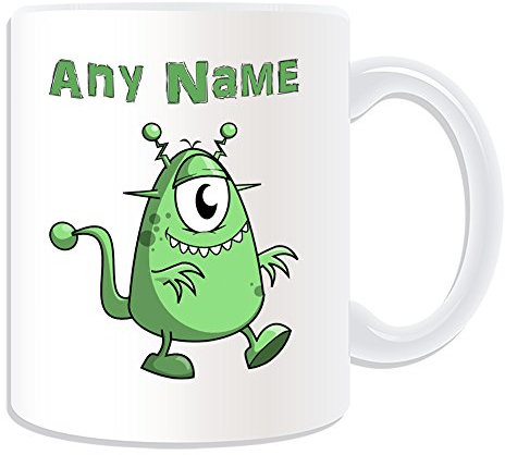 Personalised Gift - One-Eye Monster in Green Mug (Fairy Tale Design Theme, White) - Any Name/Message on Your Unique - One Eye Alien