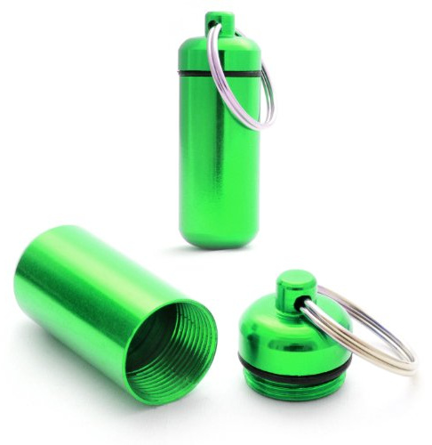 Ganzoo Pillen-Dose 2er Set grün, Mini Aluminium-Kapsel als Schlüsselanhänger, wasserdicht durch Schraubverschluss mit Gummidichtung, Aufbewahrung für Medikamente, Tabletten, Kleinteile, Maße 45x17 mm