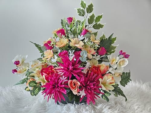 roselynexpress Composition de Fleurs Artificielles, Lesté Totalement Ciment en Jardinière, pour Cimetière. Réalisé par nos Soins, Fleurs de Très Bonne Qualité.