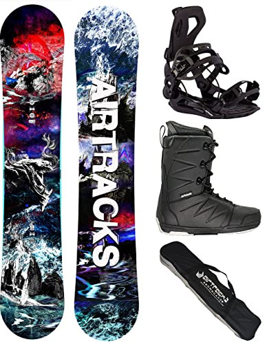 Airtracks Herren Snowboard Set - Fantasy Carbon Flat Zero Rocker Snowboard Freestyle Freeride Wide 148 - Softbindung Master - Softboots Star Black 42 - SB Bag