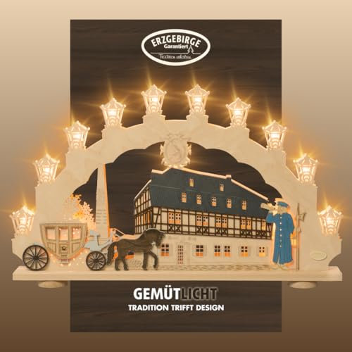WEIGLA - Schwibbogen original Erzgebirge I Motiv Zwönitz I Lichterbogen Weihnachten I 15 Lampenkerzen + 1 Ersatzlampe I 15 x 16 V, 3 W, E10 I beleuchtete Weihnachtsdeko innen I aus Holz