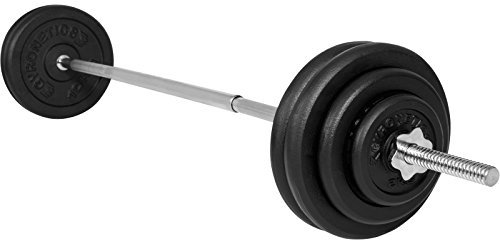 GYRONETICS® Hantelset 60kg - Langhantelstange, 2x2kg, 2x5kg, 4x10kg, Gusseisen/Kunststoff Hantelscheiben, 25mm, mit 2 Sternverschlüssen, Griff Gerändelt, Chrom - Langhantel Set, Hanteln, Gewichte