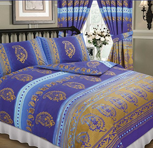 Kashmir Blue, Single Bed Duvet / Quilt Cover Set, Ethnic Asian Indian Floral Dots Print, Navy Sky Blue Purple Metallic Gold, 68 Pick Fabric
