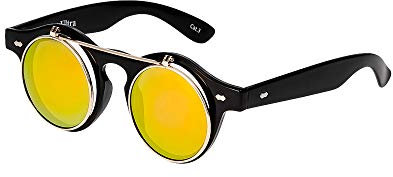 Ultra Schwarz Rahmen Gold Linsen Flip Up Ronde Steampunk Sonnenbrille Retro Frau Mann UV400 UVA Vintage Victorian Kreis Retro Sonnenbrille Steampunk Brille Sonnenbrille zum Hochklappen