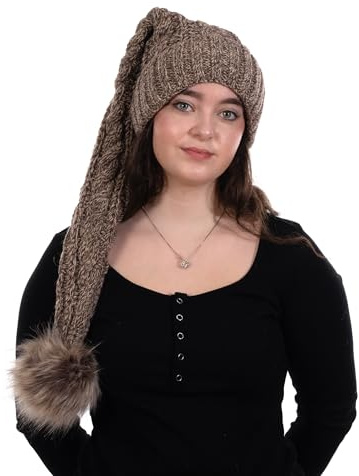 Beanie A 103 Mütze, Zipfelmütze, Pudelmütze, Wintermütze mit großer Fellbommel aus Fellimitat. Extra Lang mit weichem Fleece abgefüttert