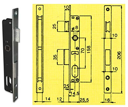 Serrure pour montants, 'Série 92' pour portes en aluminium. Avec trou cylindre ovale, 1 point de fermeture. Sans Cylindre et contropiastra. entraxe 70 mm. Avec verrou.