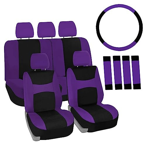 FH GROUP Komplettes Set Autositzbezüge, Stoff, universelle Passform, Set mit Lenkradbezug und Sicherheitsgurtpolster, passend für die meisten Autos, SUVs, LKWs, Lila