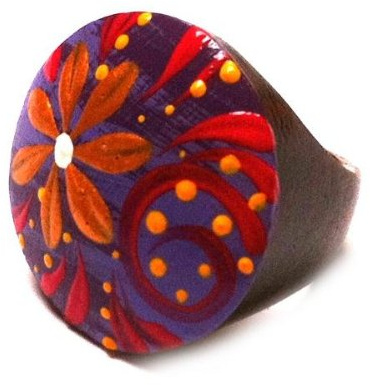 Chic-Net Holzring Sono Holz Ring Damen Schmuck handbemalt Blume Schnörkel rot blau weiß