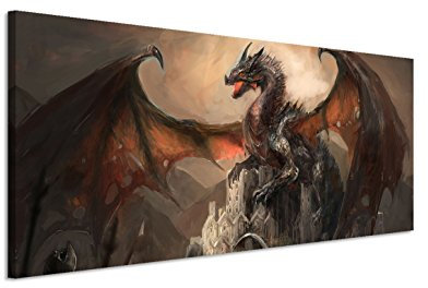 150x50cm Leinwandbild auf Keilrahmen Ritter Drachen Kampf Dunkelheit Fantasy Wandbild auf Leinwand als Panorama