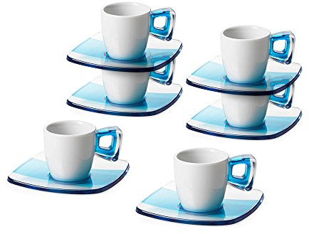 Omada Design Set di 6 Tazzine da Caffè con Manico e Piattini, in Porcellana e plastica, Lavabili in Lavastoviglie, Linea Square, Turchese
