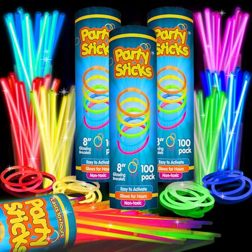 PartySticks Leuchtstäbe, Schmuck, Großpackung, Partygeschenke, 300 Stück und Verbindungsstücke, 20,3 cm, leuchtet im Dunkeln, Partyzubehör, Neon-Party-Leucht-Halsketten und leuchtende Armbänder für