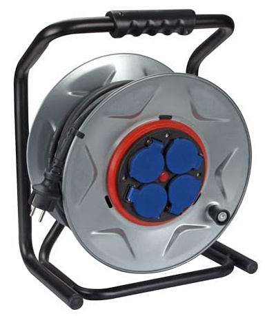 Perel Professionelle Kabeltrommel, Kabelrolle Außenbereich, Verlängerungskabel, Stromtrommel, 4 Steckdosen Typ E mit Klappdeckel, Anti-Twist-System, 25 m, 3G2.5, grau/schwarz