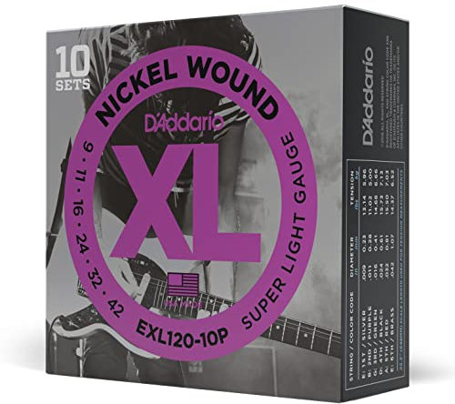 D'Addario Electric Guitar Strings, XL Nickel, EXL120-10P, Super Light Gauge 09-42, 6-String Set, Pack of 10