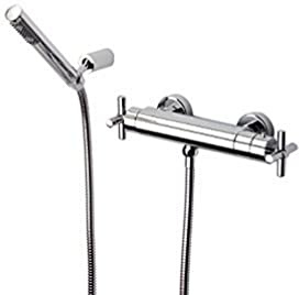 Roca Loft - grifo termostático exterior para ducha con ducha de mano, flexible de 1,50 m y soporte de duc . Griferías hidrosanitarias con montura cerámica. Ref. A5A0643C00