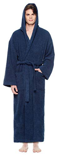 Arus Mens Classic Hooded Bathrobe Turkish Cotton Bath Robe Navy Blue, LXL