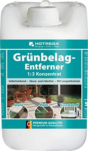HOTREGA Grünbelagentferner 1:3 Konzentrat 5L – Sichtbare Wirkung nach 24h | Entfernt Grünbelag, Algen auf Pflasterstein, Fassade, Holz | Sehr ergiebig