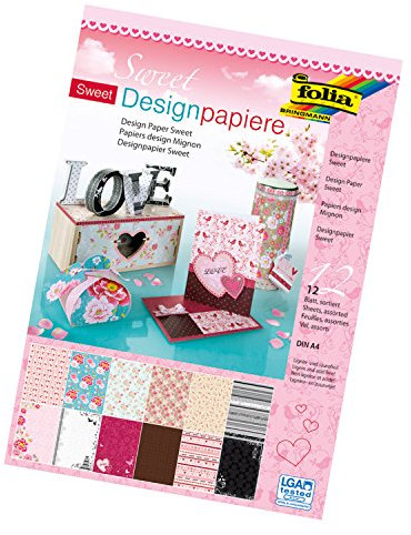 folia 11249 - Designpapier Block Sweet, DIN A4, 165 g/qm, 12 Blatt sortiert in 12 verschiedenen Motiven, hochwertig illustriertes Papier mit Glitterapplikation
