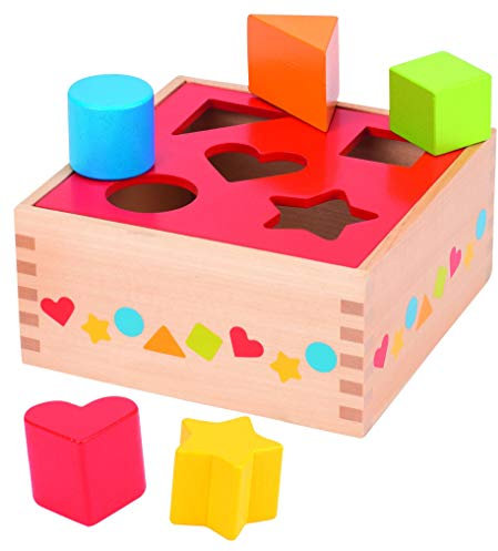 goki 58580 Sort-Box, Holz, 16 x 16 x 7,6 cm, 5-teilig, Steckspiel, Formen- und Farbensortierspiel ab 12 Monaten