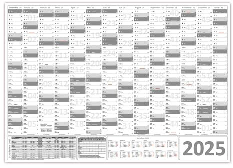 Wandkalender/Wandplaner 2025 (grau) gerollt DIN A0 Format (841 x 1189 mm) 14 Monate, komplette Jahresvorschau Folgejahr und Ferientermine/Feiertage aller Bundesländer