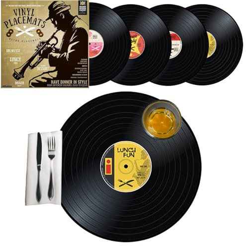 Mikamax – Vinyl Placemats – Retro - Platos de Discos - 4 Manteles Individuales - Nostálgico - Discos de Vinilo - Decoración de Mesa - Manteles Individuales Redondos - Negro