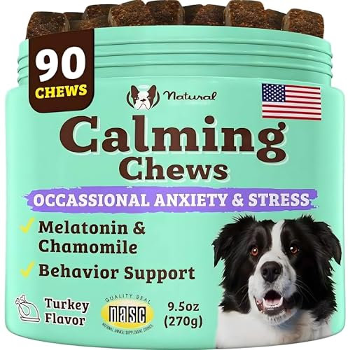 Natural Dog Company Calming Bites (90 Chews) | Peanut Butter and Bacon Flavor | Chewable Calming Treats for Dogs | with Melatonin and Chamomile | Vet-Approved Relaxant and Composure Supplement