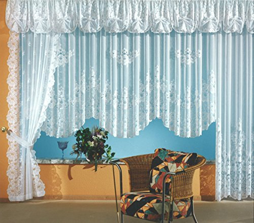 Fashion&Joy - Gardine Blumenstore aus edlem Jacquard in weiß als Querbehang Höhe 47 cm Breite 5 Bögen mit Kräuselband Vorhang Bordüre Typ1