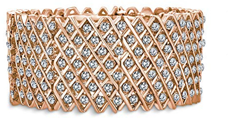 Bling Jewelry Brides Wedding Fashion Wide Pink Rose Gold Plated White Crystal Encrusted Statement Stretch Bracelet For Women Teens Prom Adjustable