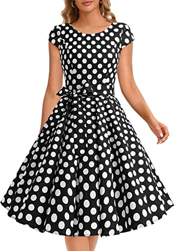 Dressystar Damen Vintage 50er Cap Sleeves Dot Einfarbig Rockabilly Swing Kleider Schwarz Weiß Dot B XL