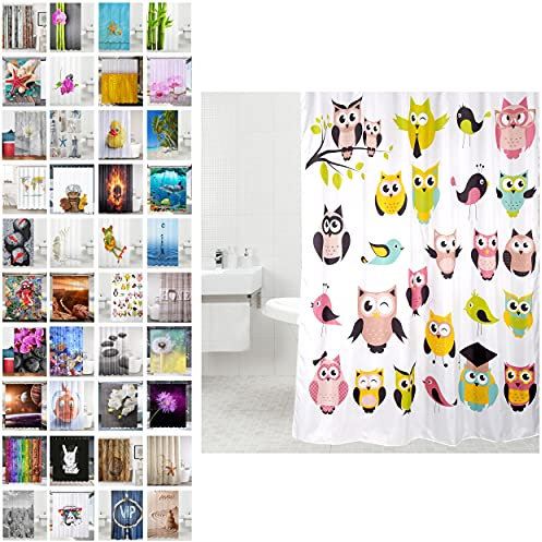 Sanilo Rideau de Douche, Large Choix de Beaux Rideaux de Bain, Haute qualité, 12 Anneaux Inclus, Imperméable, Effet Anti-moisissures (180 x 200 cm, Hibou)