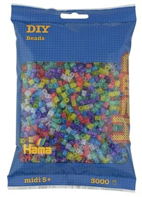 Hama Perlen 201-54 Bügelperlen Beutel mit ca. 3.000 bunten Midi Bastelperlen mit Durchmesser 5 mm im Transparent Glitter Mix, kreativer Bastelspaß für Groß und Klein