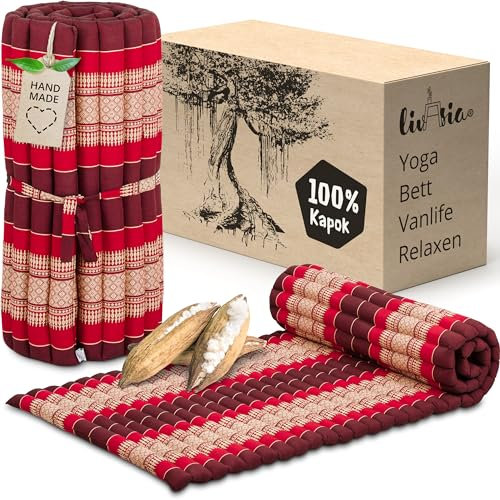 livasia Rollmatte Rollmatratze M schmal Einzelbett, Gästebett Gästematratze 1 Person mit Muster, Reisebett Kofferraum Outdoor, Thaimatte Kapok Garten handgefertigt 200x75x4,5cm (Rubinrot)