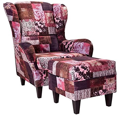 Supellex Ohrensessel »Sofia«, Design Patchwork, floral, rot (Design-Nr.: 5031), wahlweise mit Hocker