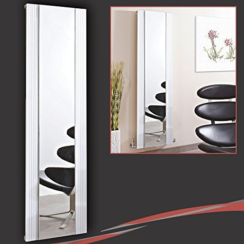 465mm (w) x 1700mm (h) Newborough White Flat Panel Aluminium Vertical Mirror Radiator - 280mm(w) Central Mirror