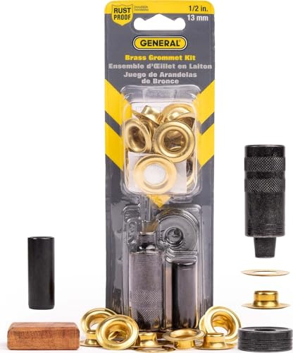 General Tools 1/2 Grommet Tool Kit - 12 Solid Brass Grommets for Tarps Repair, Fabric Rings, Reinforcing Canvases, & Canopies