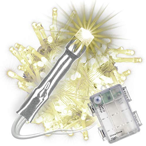 Nipach GmbH 100 LED Lichterkette warm-weiß mit Timer für Innen Aussen transparentes Kabel Batterie 10 Meter Weihnachtsdeko Partydeko Partylichter