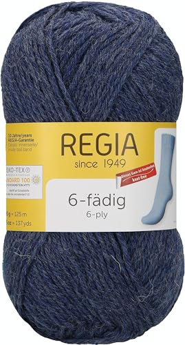 REGIA 6-fädig Uni 9801280-02137 jeans meliert Handstrickgarn, Sockengarn, 50g Knäuel
