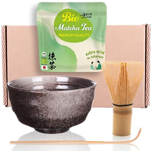 Goodwei Matcha Set mit Matcha Besen, Matcha Schale aus Keramik und BIO Matcha Tee aus Japan | Geschenkset (Goma)