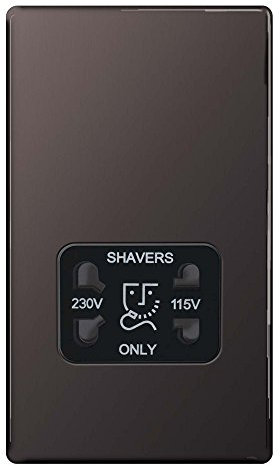 BG Electrical Dual Voltage Shaver Plug Socket, Electric Toothbrush Charger Socket for Bathrooms, Screwless Front Plate, Premium Flatplate, 2-Pin, Black Nickel, 115V / 240V, FBN20B
